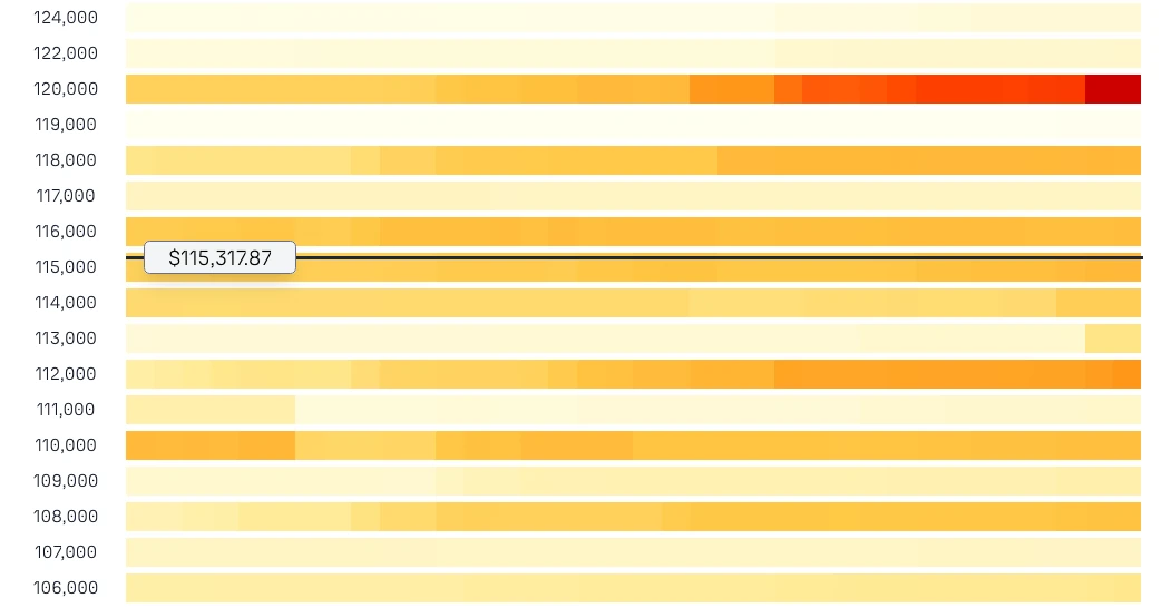 BTC Options Volume Heatmap showing pre-breakout pause and post-breakout put positioning