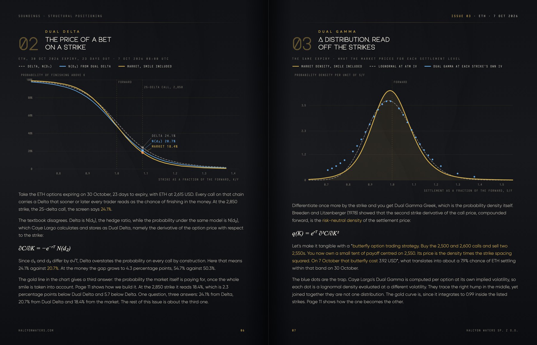 Dual delta as the price of a bet on a strike and dual gamma as the probability density